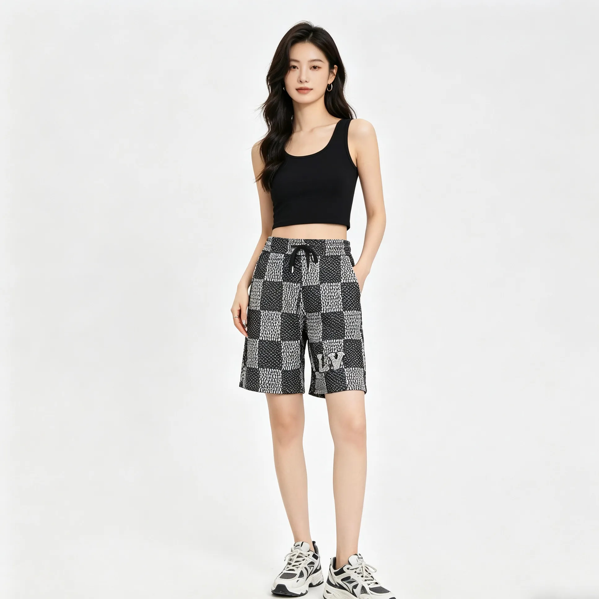 Louis Vuitton/Louis Vuitton rhinestone letter logo checkerboard shorts